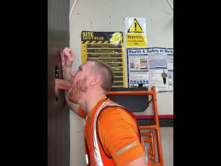 Hung group gloryhole    Creampie Ginger Tradesman takes 3 XXL cocks.